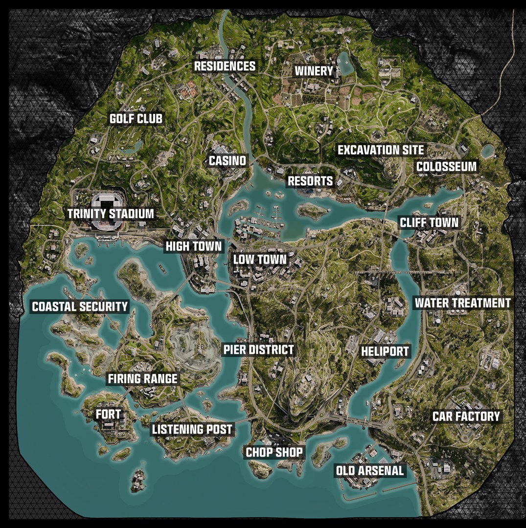 Mapa táctico de Avalon en Warzone con todos los POIs y callouts