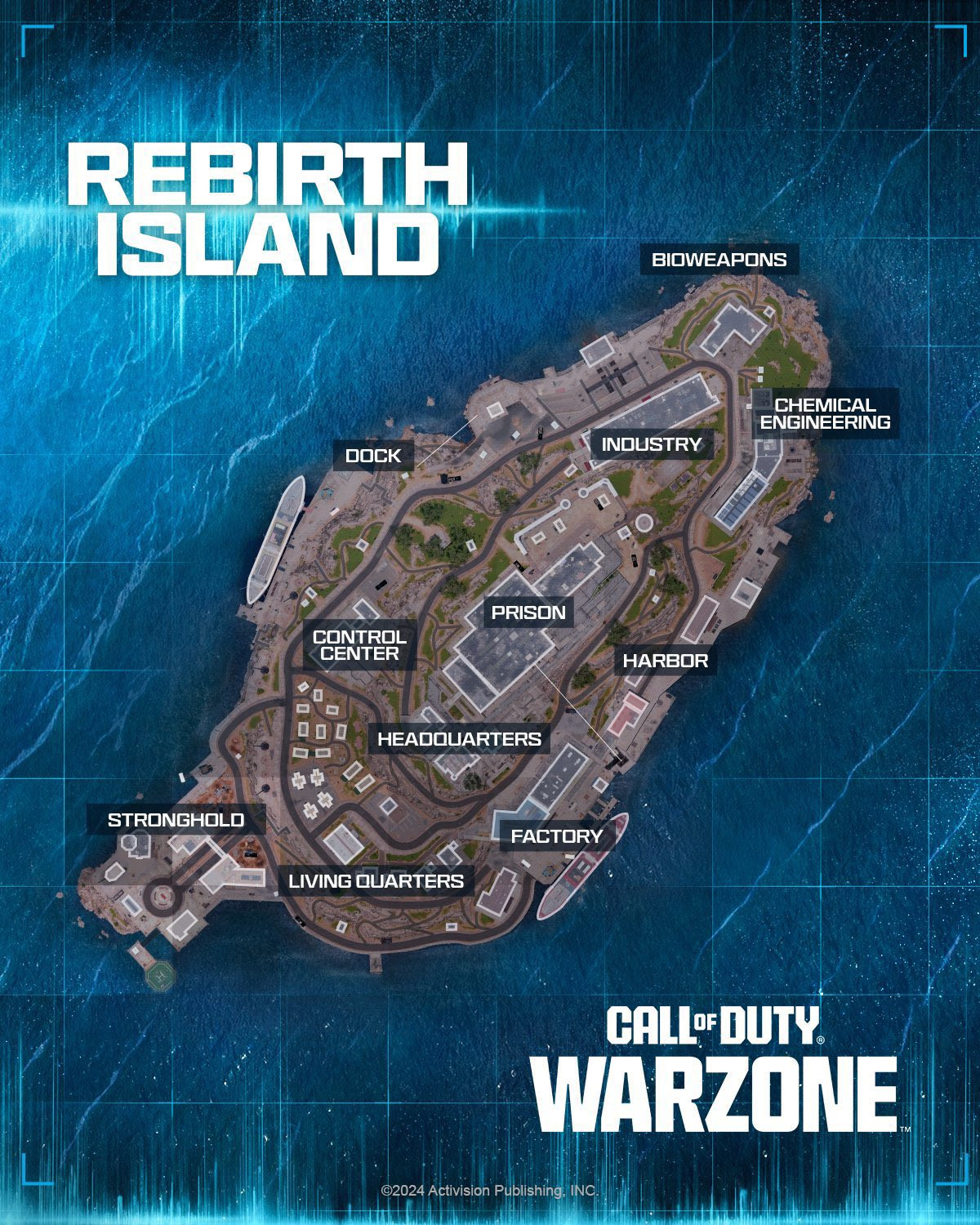 Mapa táctico de Rebirth Island con todos los POIs y callouts